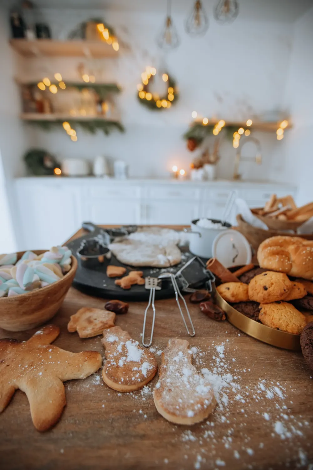 A cozy kitchen scene with gingerbread cookies and festive decor, perfect for holiday baking.