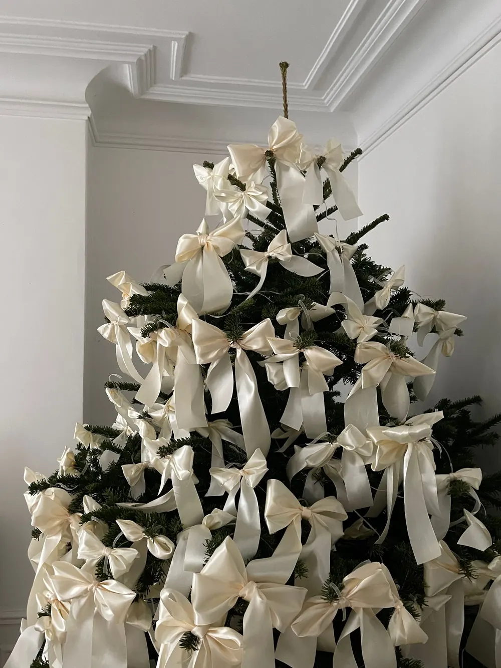 A beautifully decorated Christmas tree with luxurious white ribbons indoors.